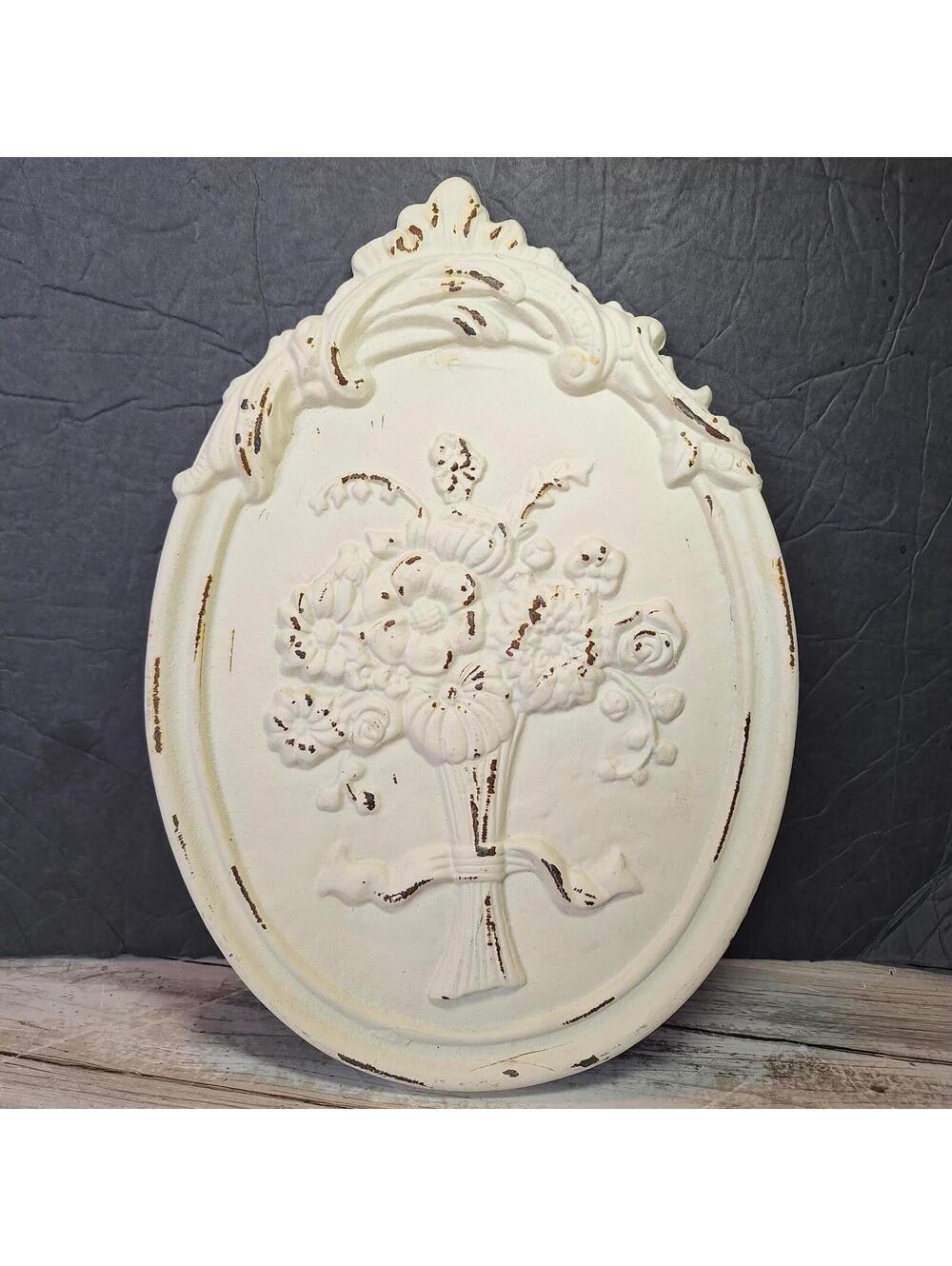 Cast Iron Oval Wall Hanging Plaque of Florals White Shabby Chic Chippy 9.5"X 13"